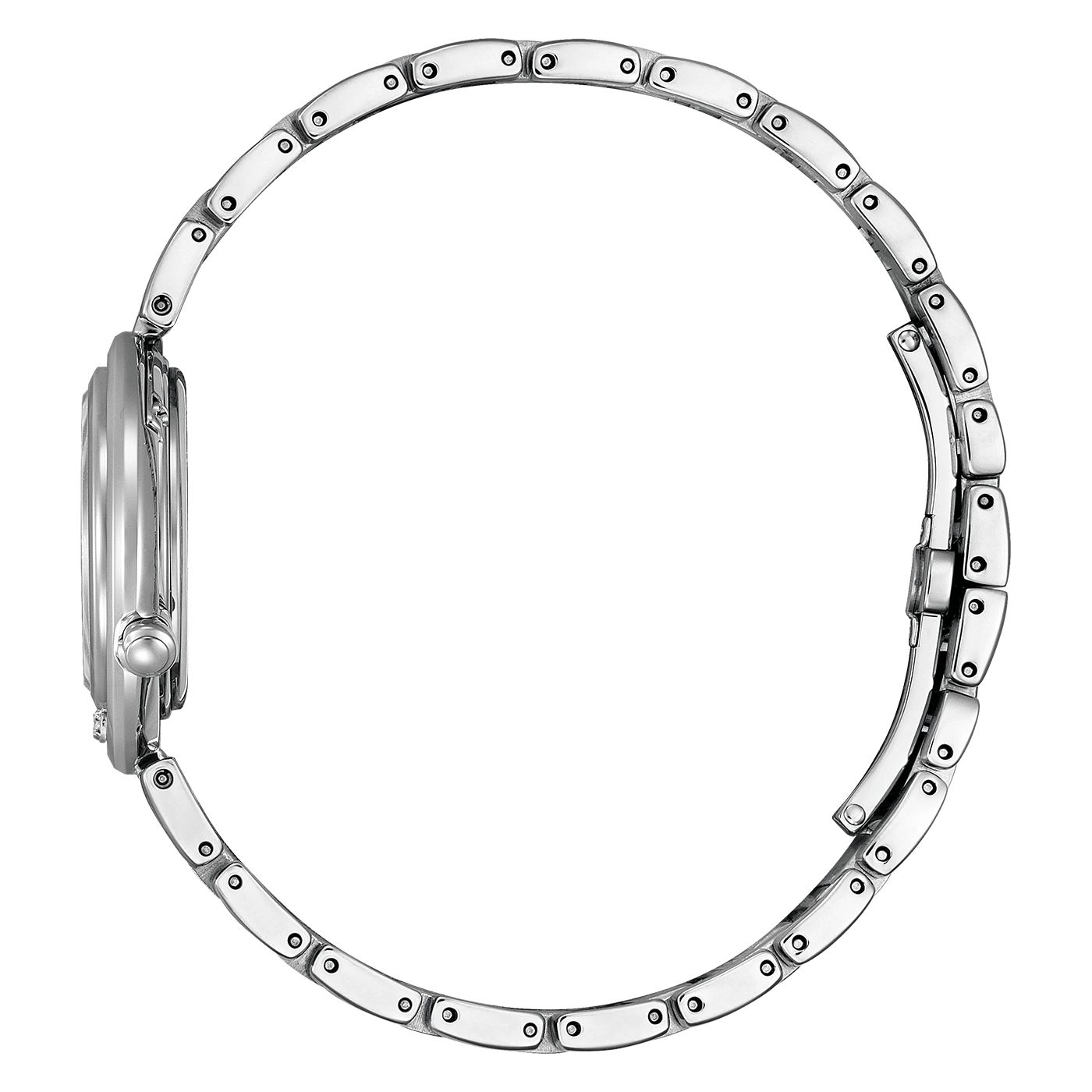 Uhr mit silbernem Armband, Seitenansicht, isoliert auf weißem Hintergrund
