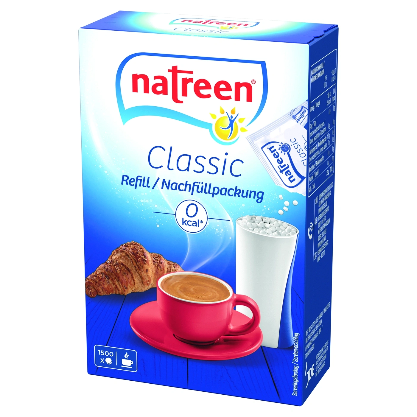 Natreen Classic Nachfüllpackung, Süßstoff, 0 kcal, Kaffee, Croissant, blaue Verpackung