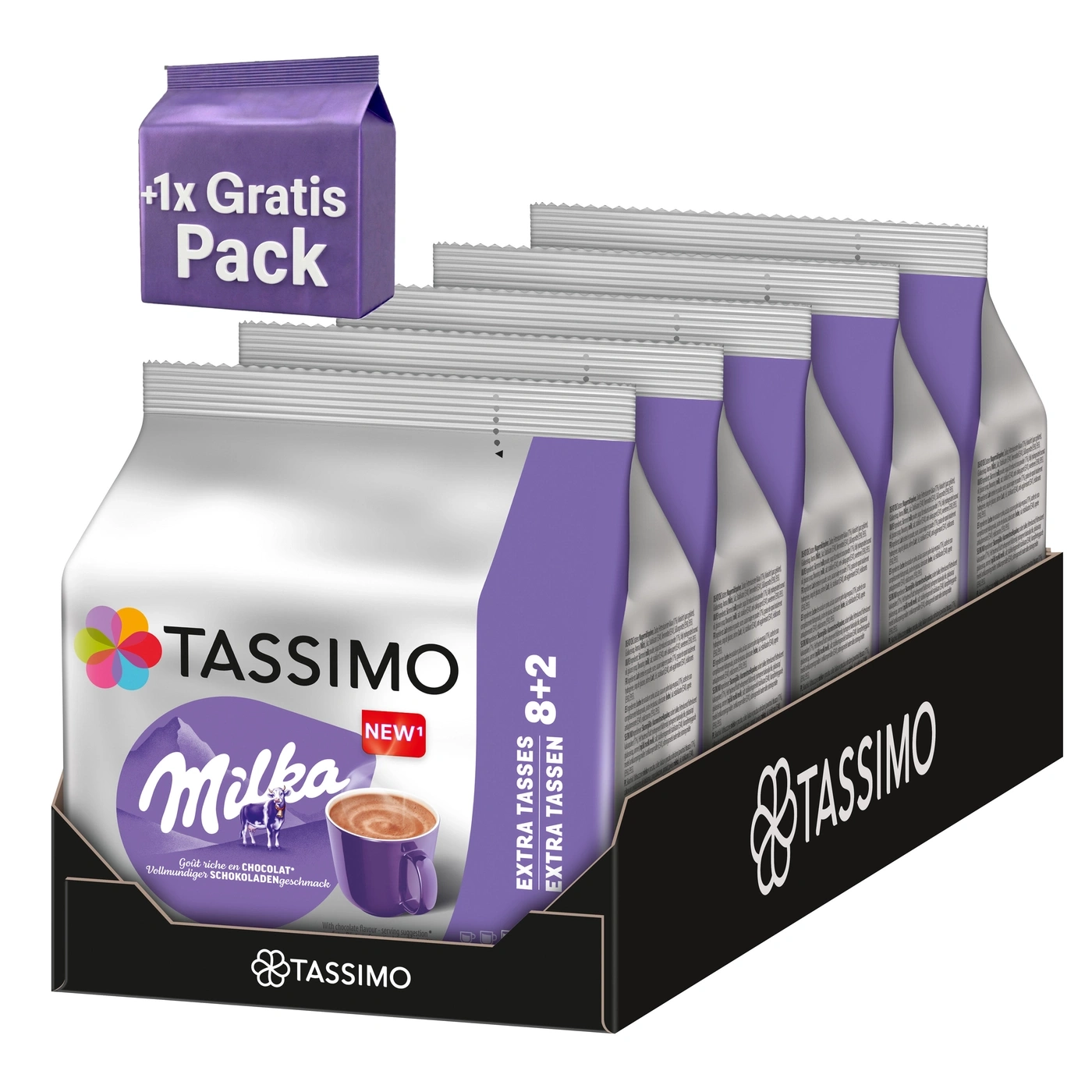 Milka Tassimo Packung mit Gratis Packung und Tassenaufdruck.