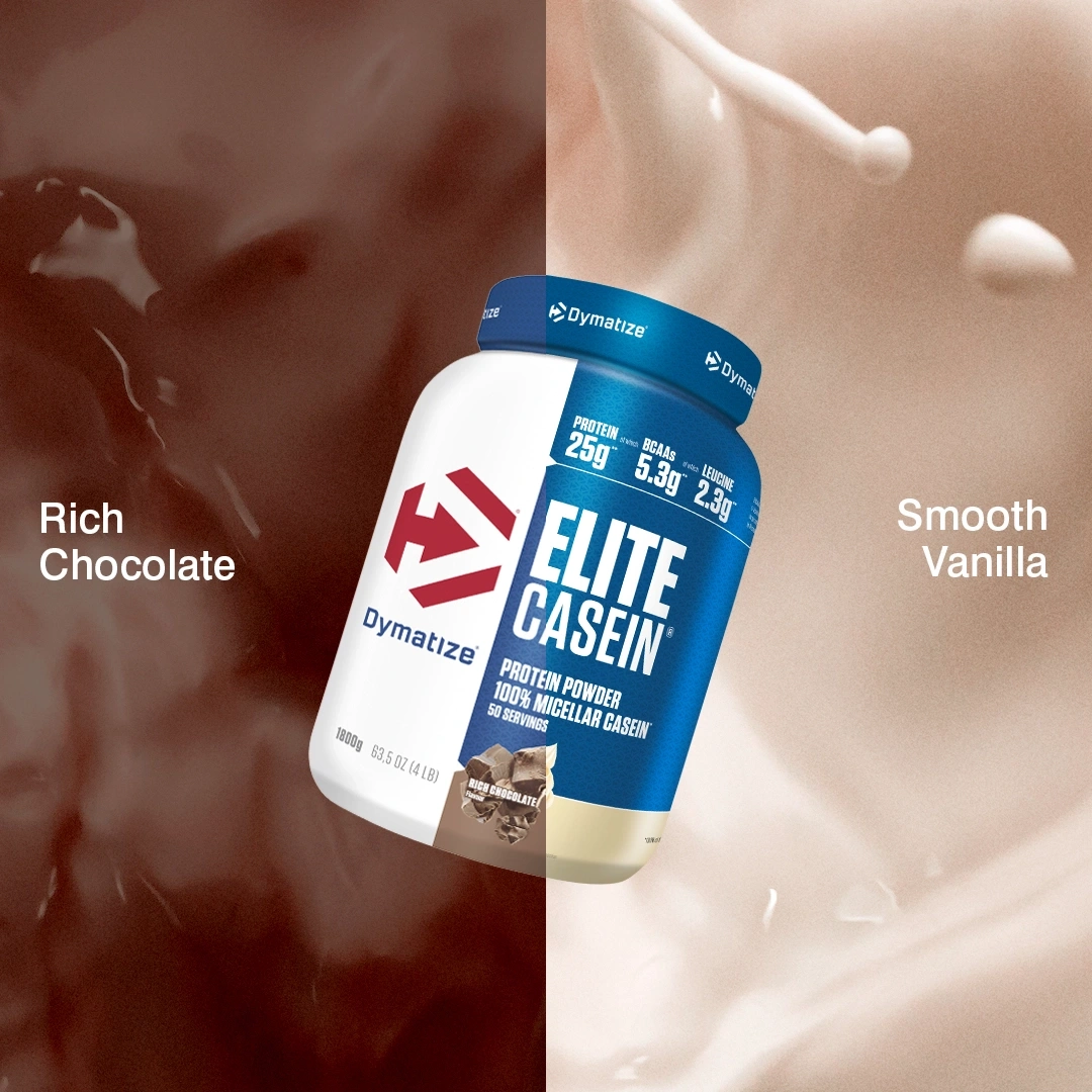 Dymatize Elite Casein Protein in den Geschmacksrichtungen Rich Chocolate und Smooth Vanilla.