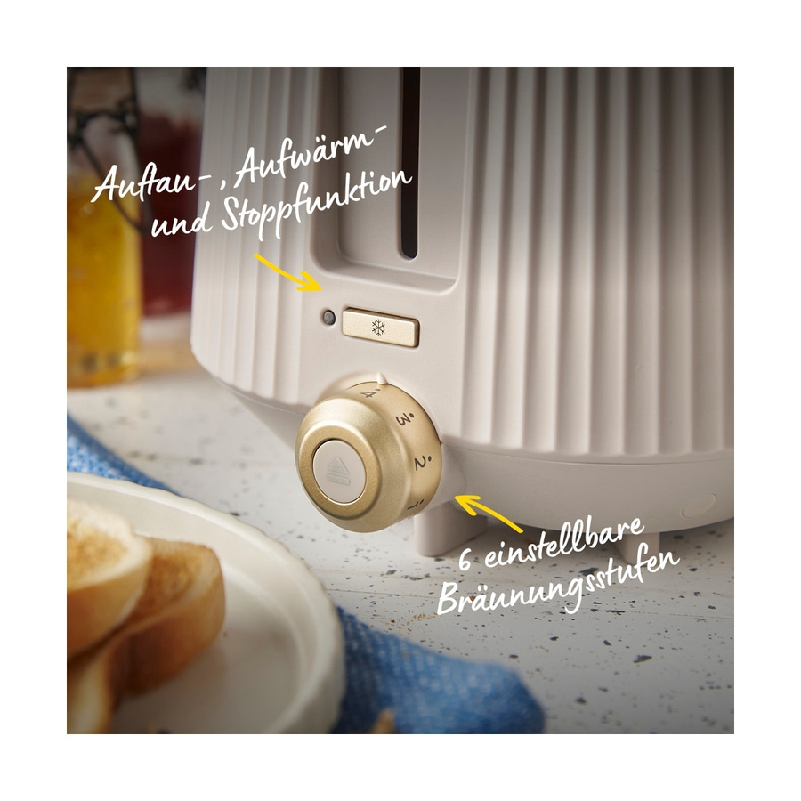 Toaster mit Aufwärm-, Auftau- und Stoppfunktion und 6 Bräunungsstufen.