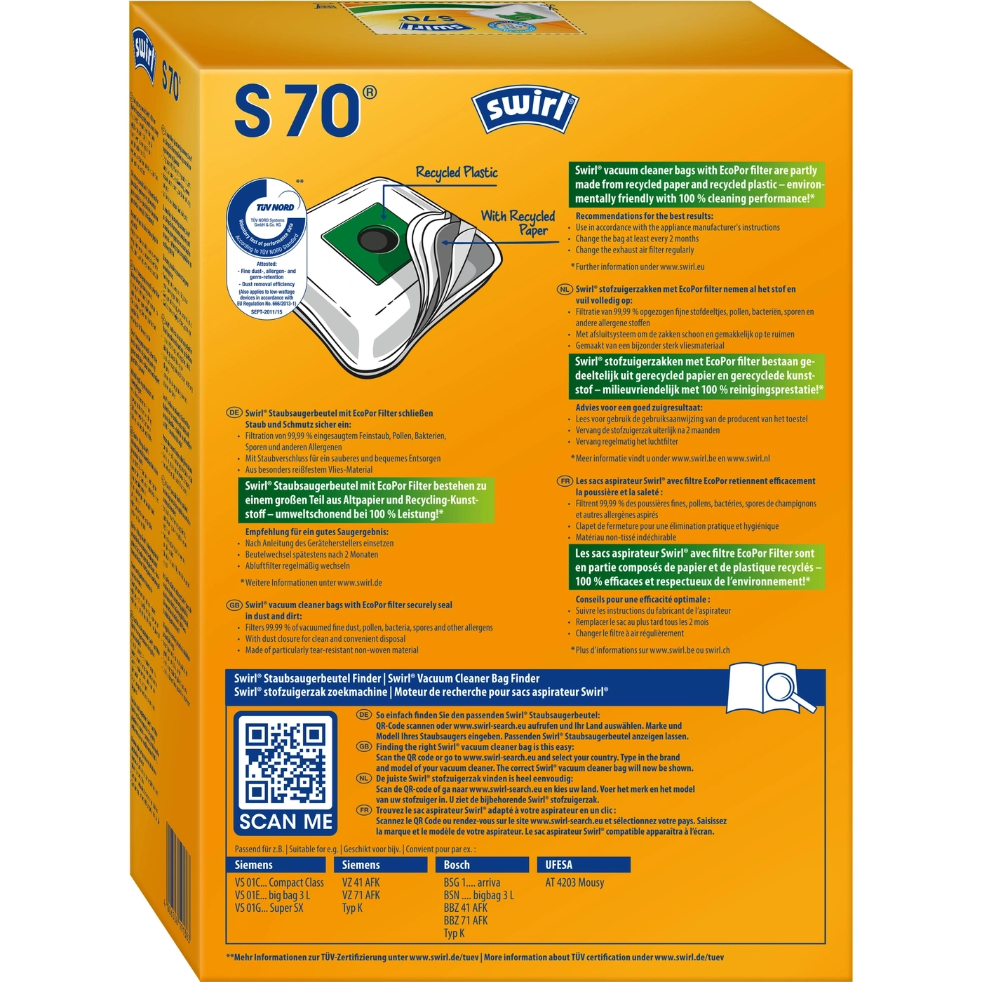 Swirl S70 Staubsaugerbeutel Packung mit Recyclingpapier und -kunststoff, Scan-Me-Funktion, Siemens, Bosch, UFESA.