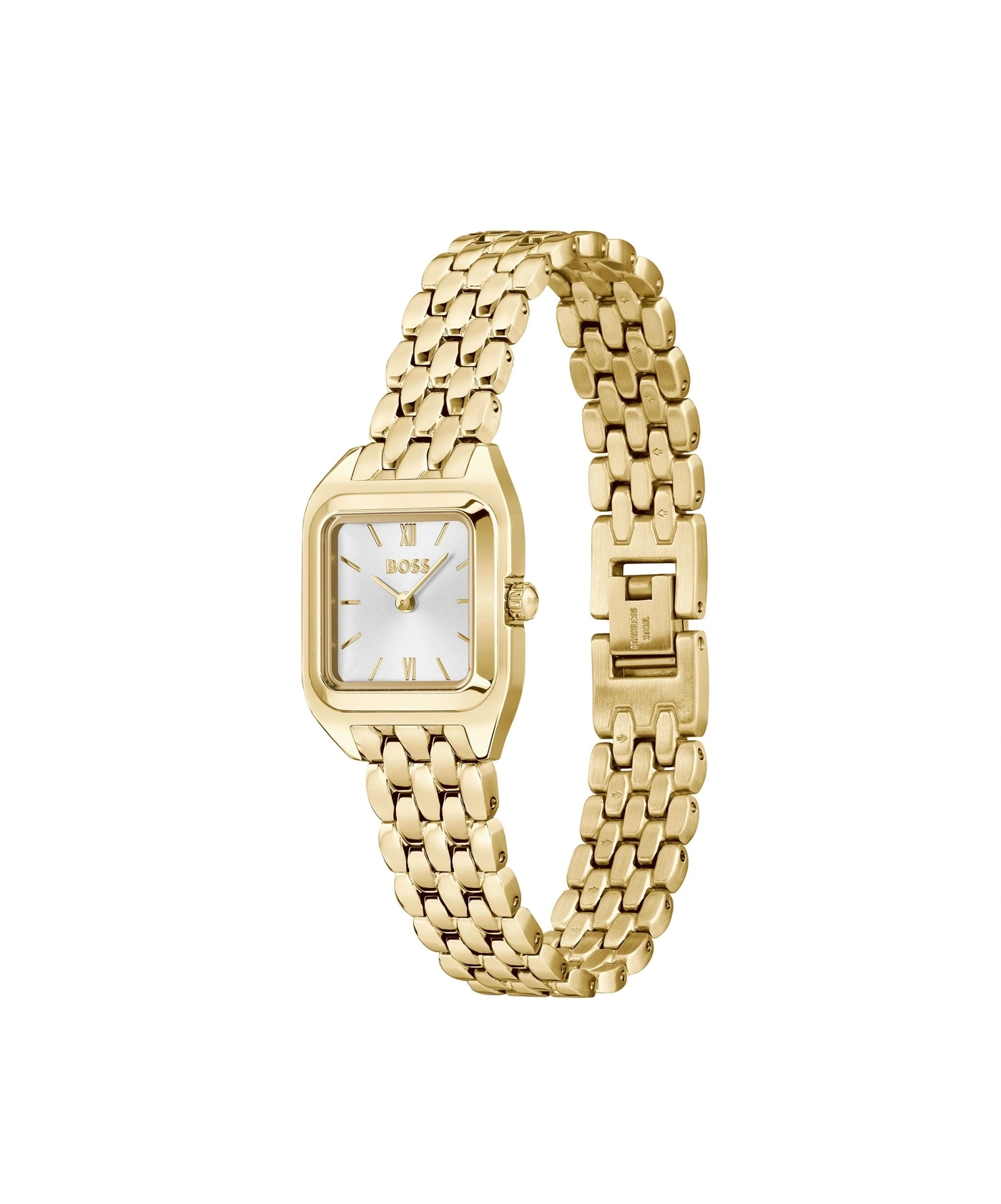 Goldene Armbanduhr mit weißem Zifferblatt und römischen Ziffern.