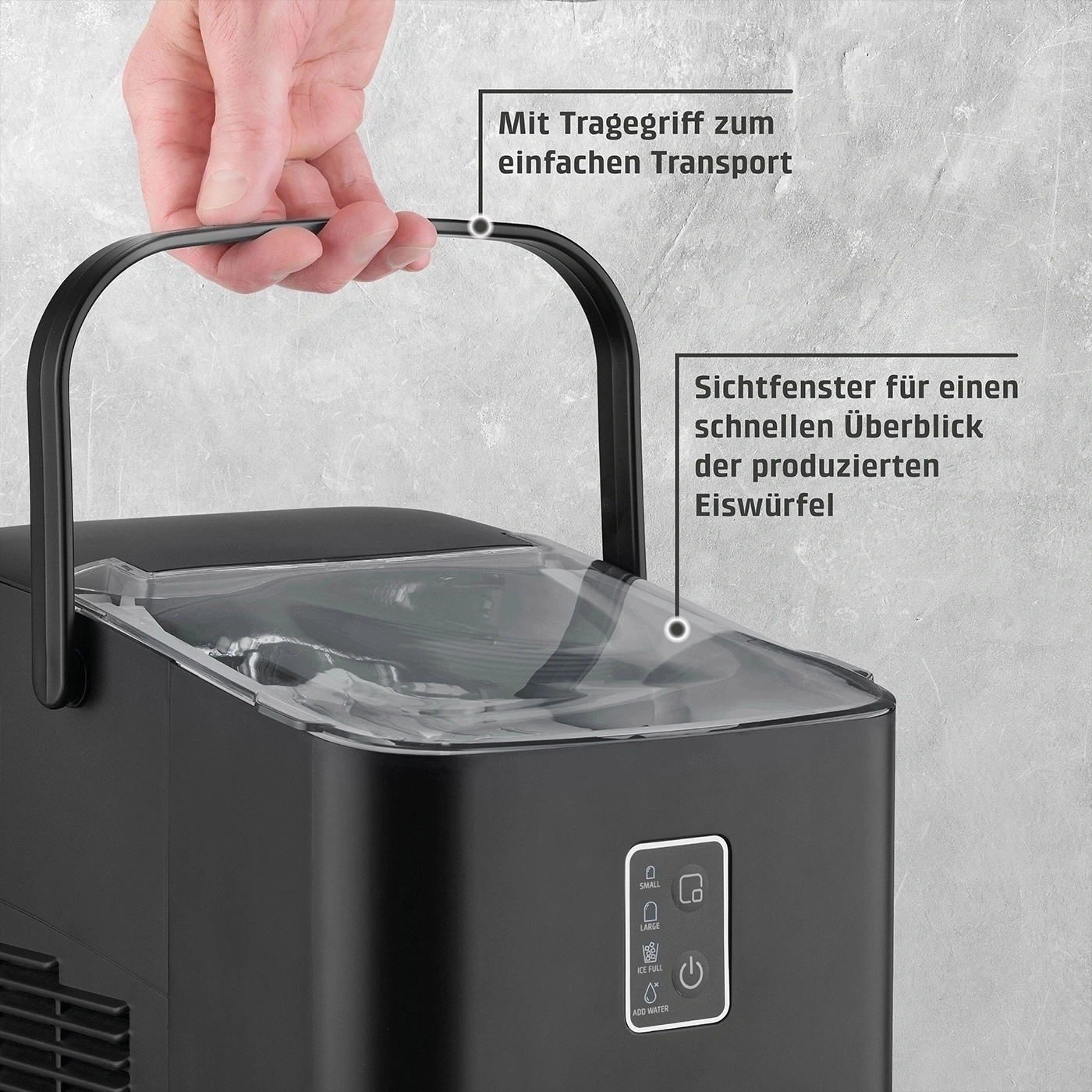 Schwarzer Eiswürfelbereiter mit Tragegriff und Sichtfenster