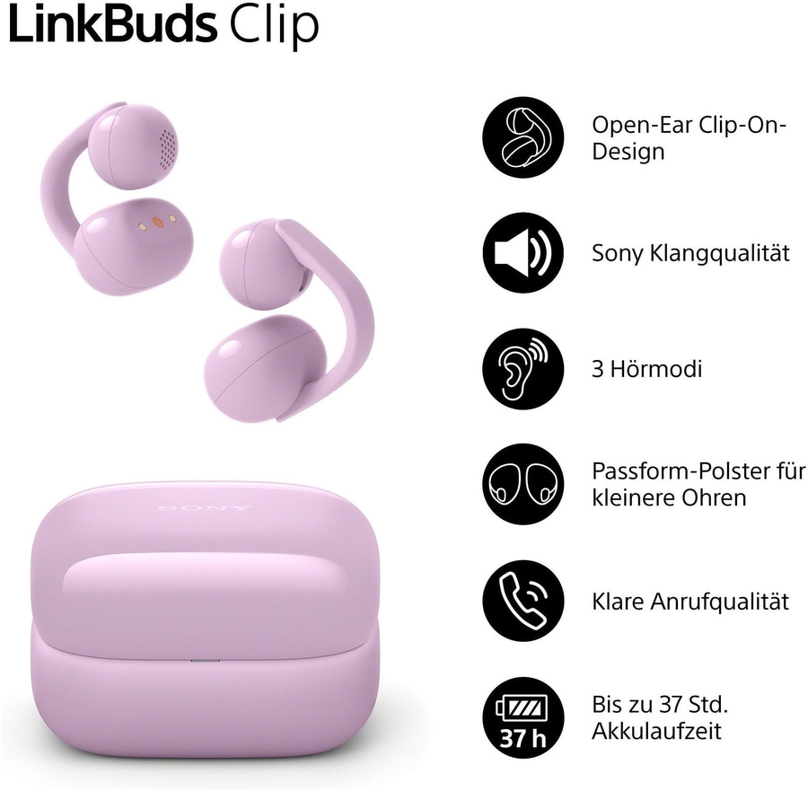 Sony LinkBuds Clip in Rosa mit Ladecase und Features