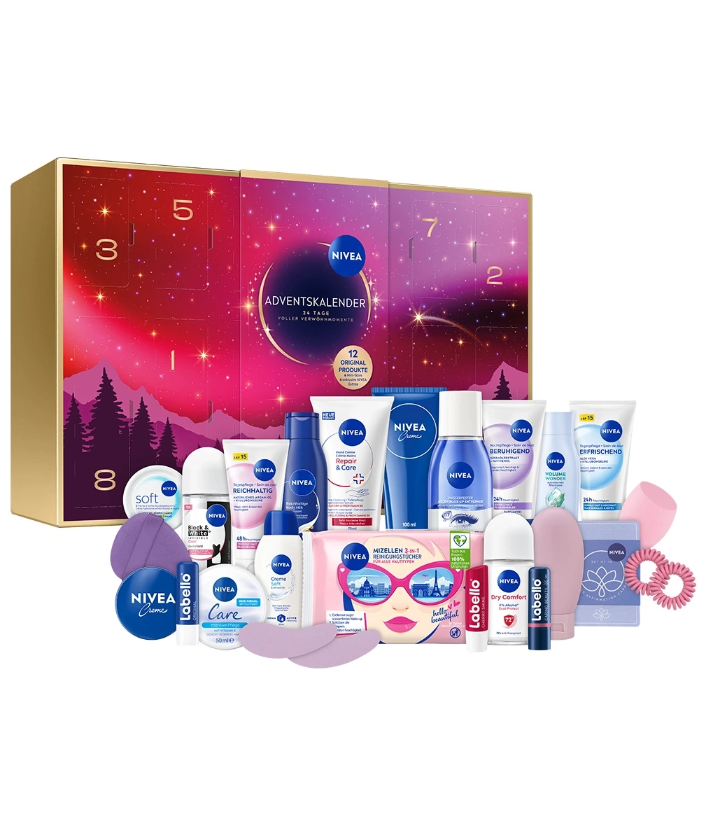 Nivea Adventskalender mit verschiedenen Pflegeprodukten und Accessoires.