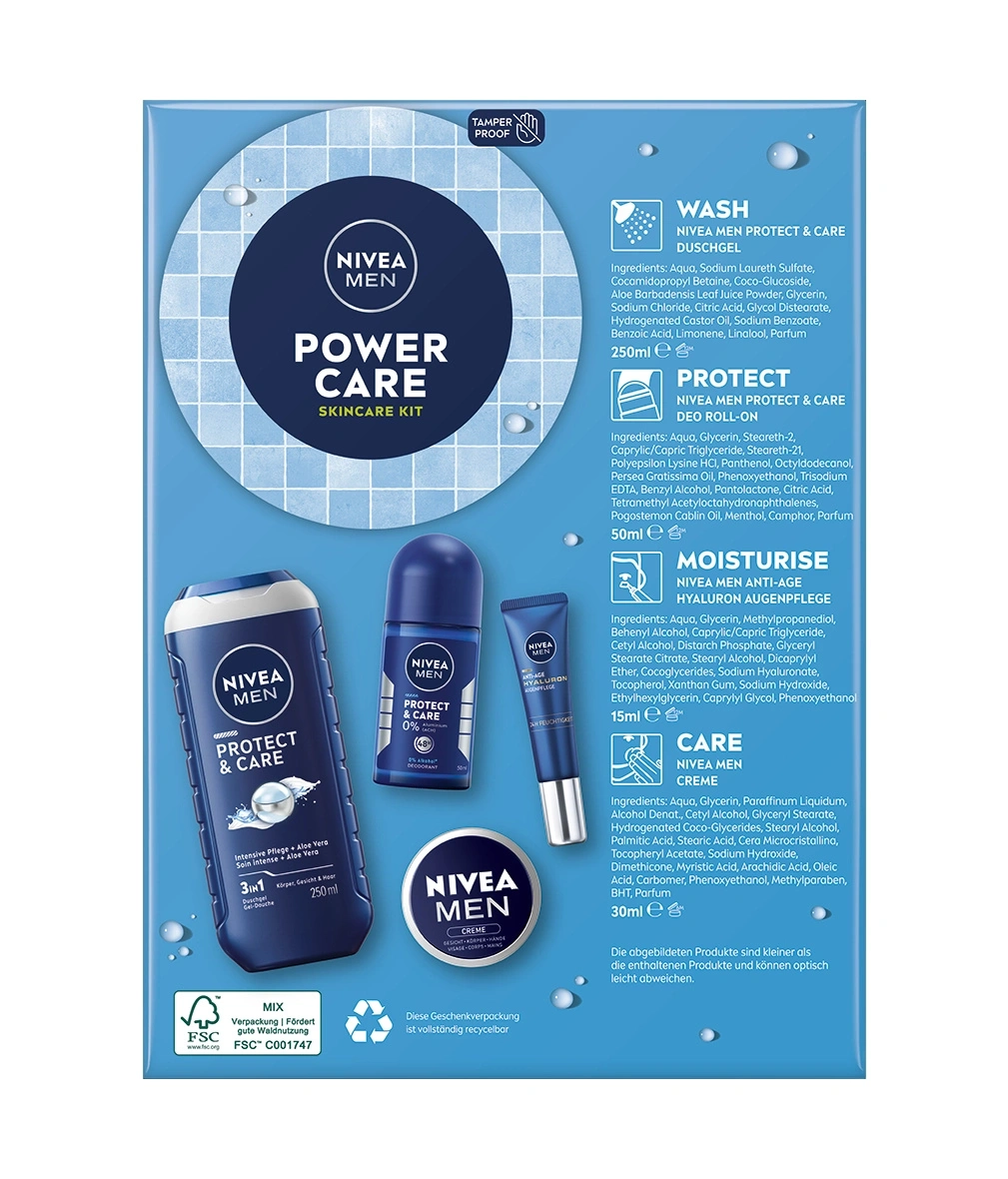 NIVEA MEN Power Care Skincare Kit mit Duschgel, Deo und Augenpflege.