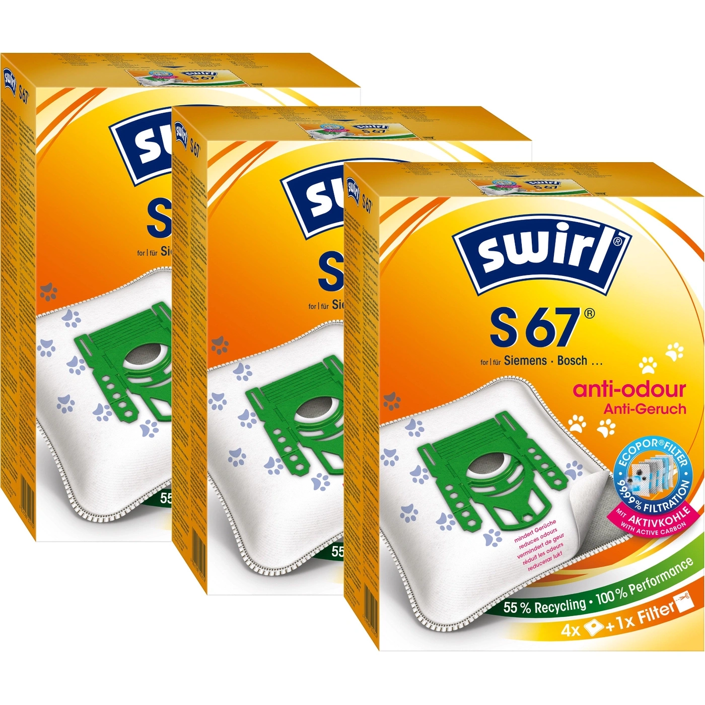 Swirl S67 Staubsaugerbeutel, Anti-Geruch, 55% Recycling, 100% Performance, 4+1 Filter