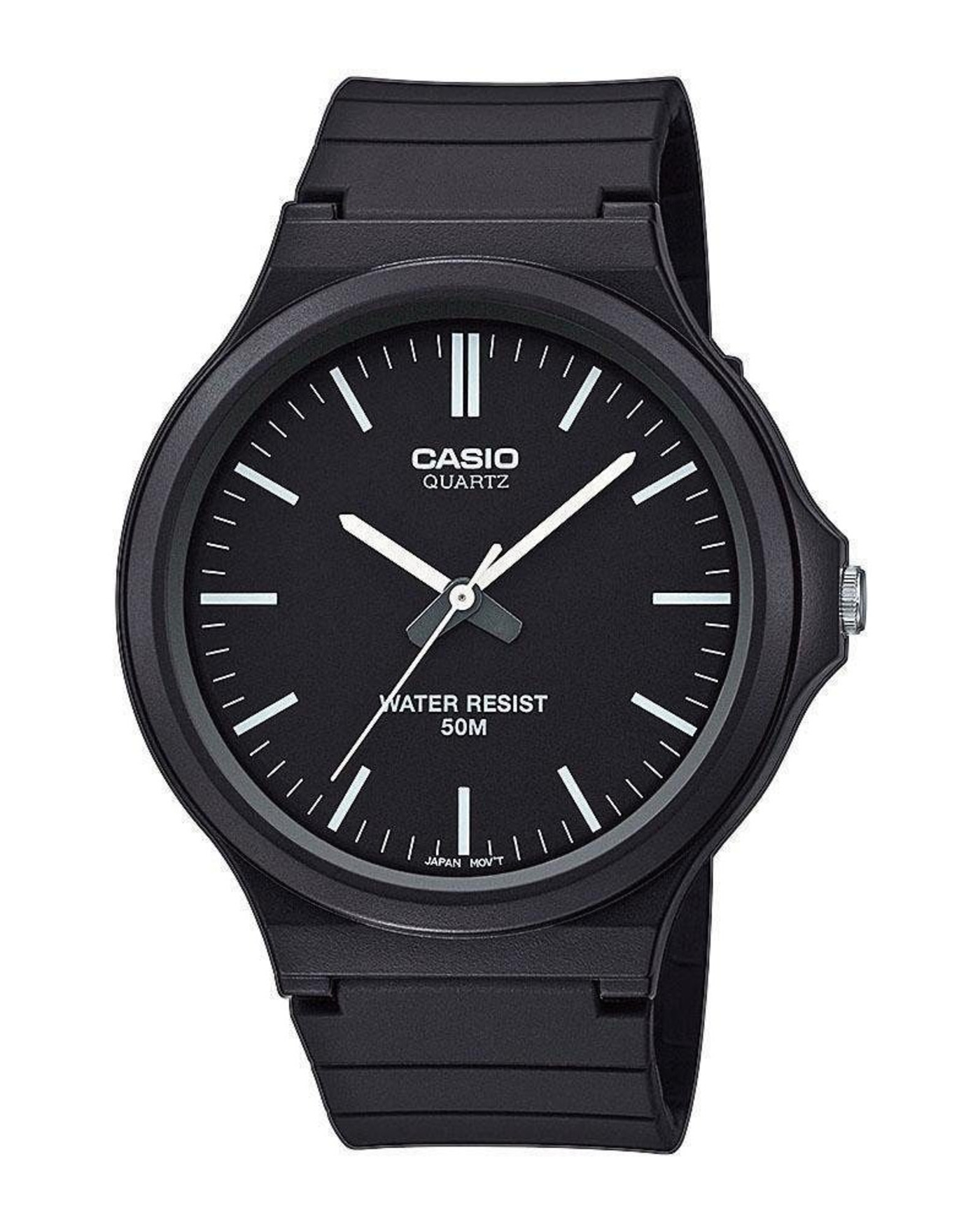 Schwarze Casio-Uhr mit schwarzem Zifferblatt und weißen Zeigern. Wasserdicht.