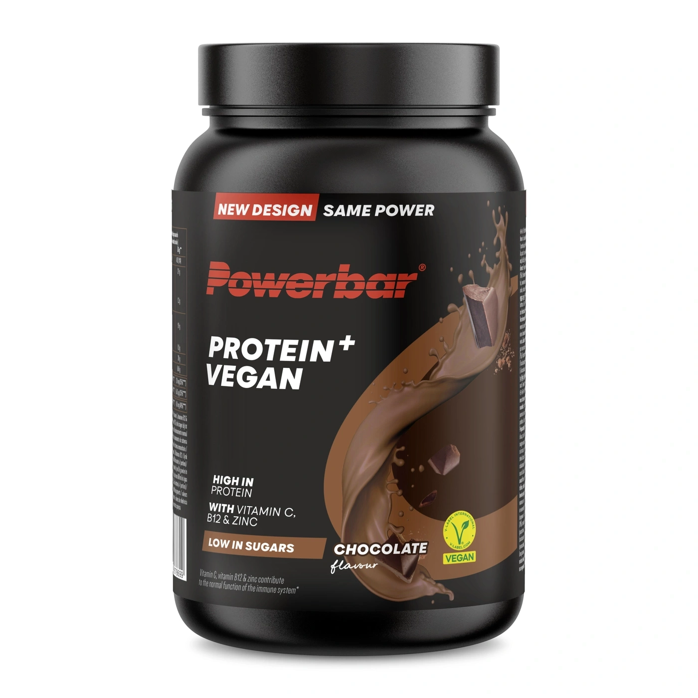 Schwarzer Behälter mit Powerbar Protein Vegan Schokoladengeschmack