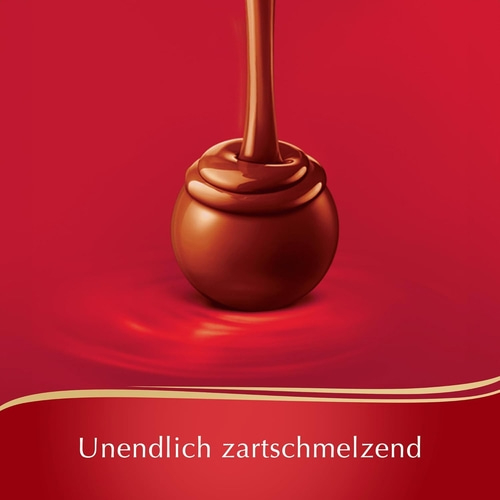 Schokoladenkugel mit fließender Schokolade und dem Text Unendlich zartschmelzend