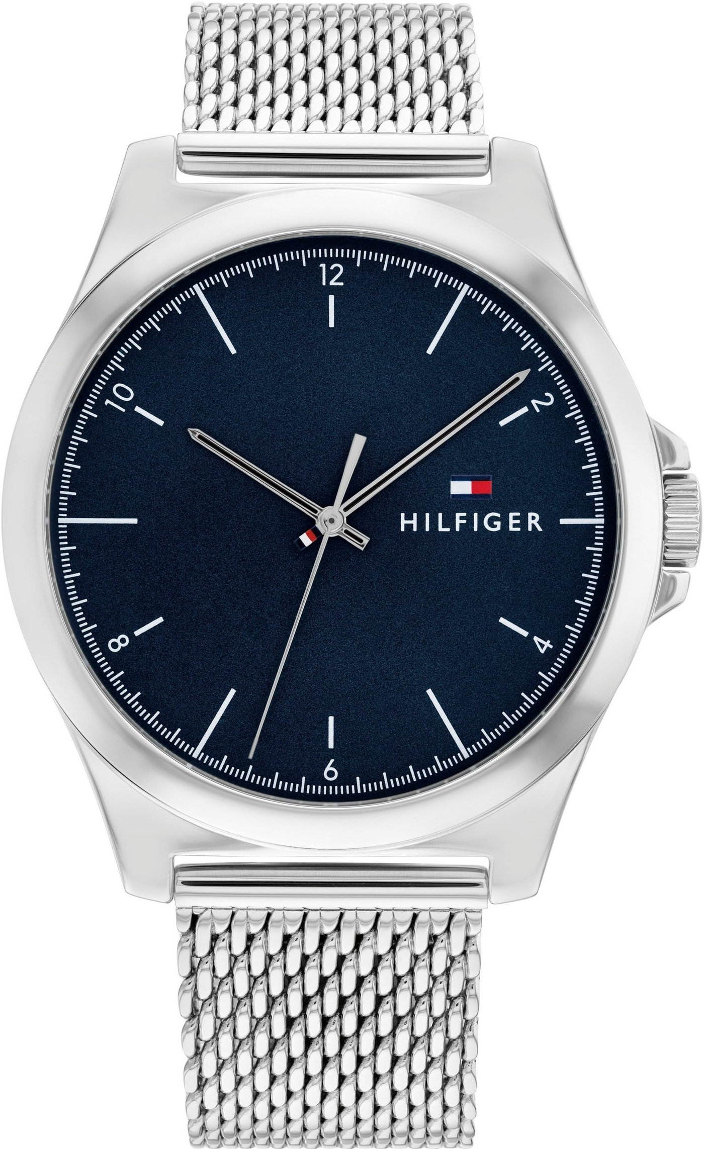 Eine silberne Tommy Hilfiger Uhr mit blauem Zifferblatt und Metallarmband.
