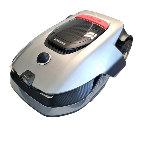 Silberner Roboter-Rasenmäher mit rotem Stopp-Knopf und Dreame-Logo.