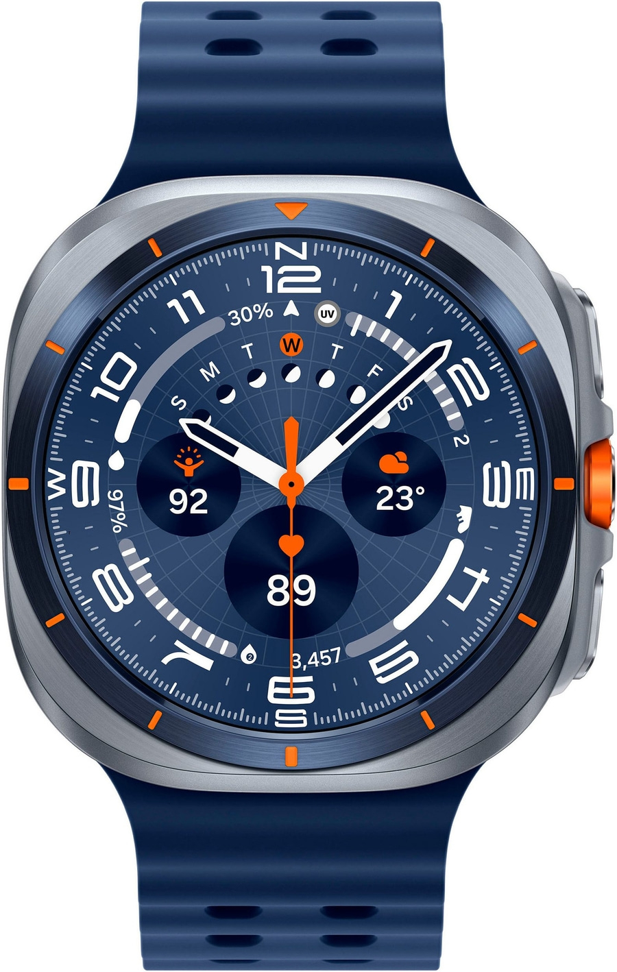 Eine Smartwatch mit blauem Armband und silbernem Gehäuse, die ein blaues Zifferblatt mit orangefarbenen Akzenten zeigt.