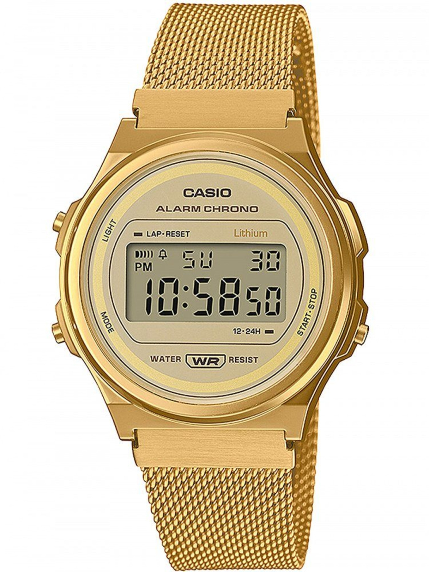 Goldene Casio Uhr mit digitaler Anzeige, Alarm und Chrono-Funktion, wasserfest.