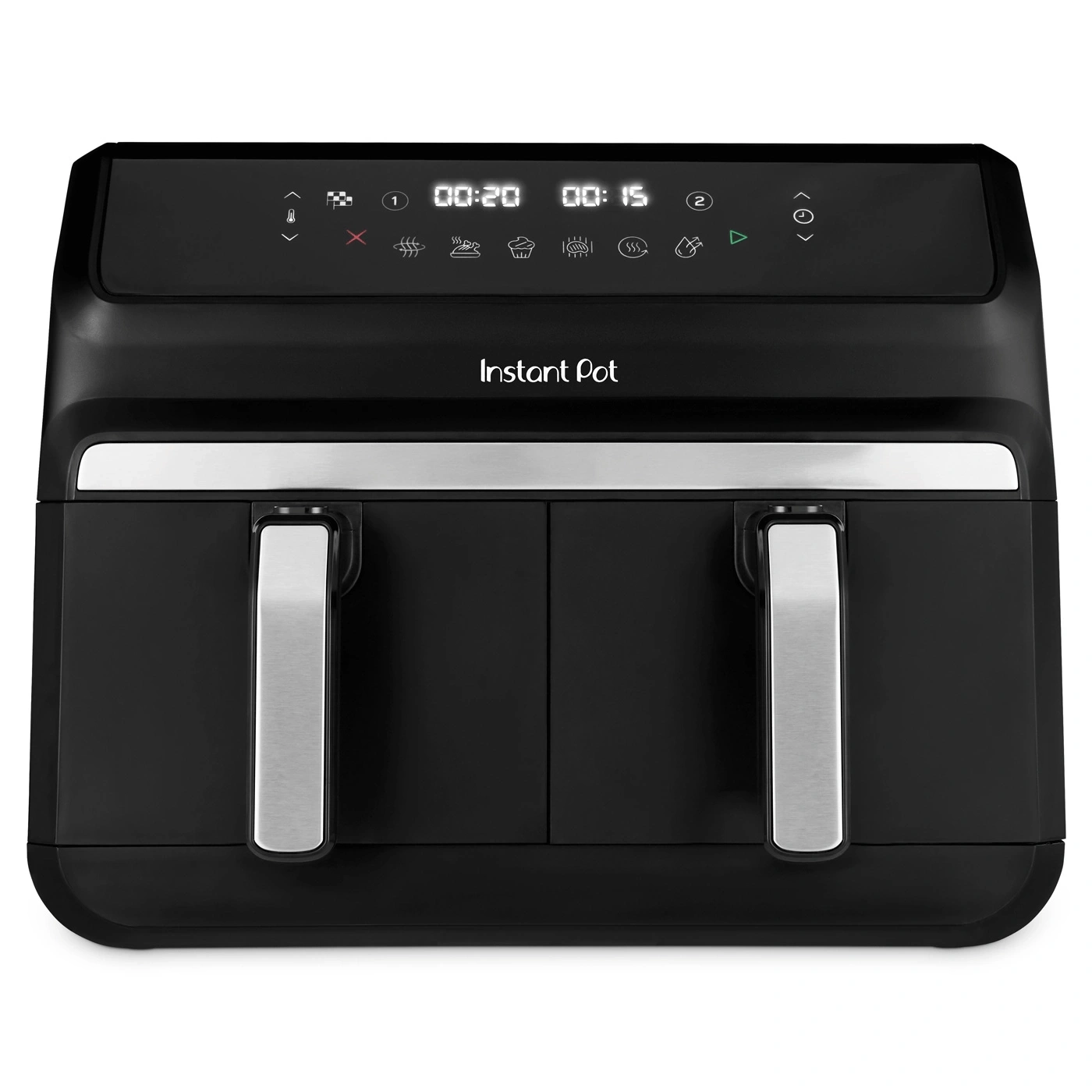 Schwarze Instant Pot Heißluftfritteuse mit zwei Körben und digitaler Anzeige.