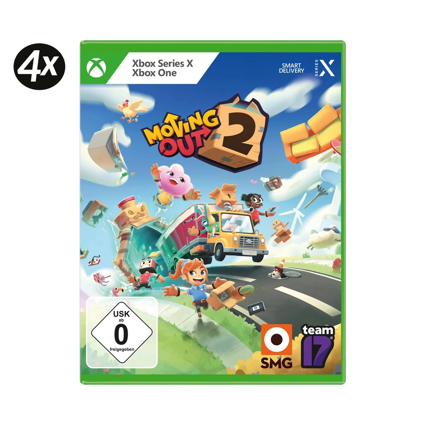 Cover des Spiels Moving Out 2 für Xbox Series X und Xbox One mit farbenfroher Illustration von Charakteren und Lieferwagen.