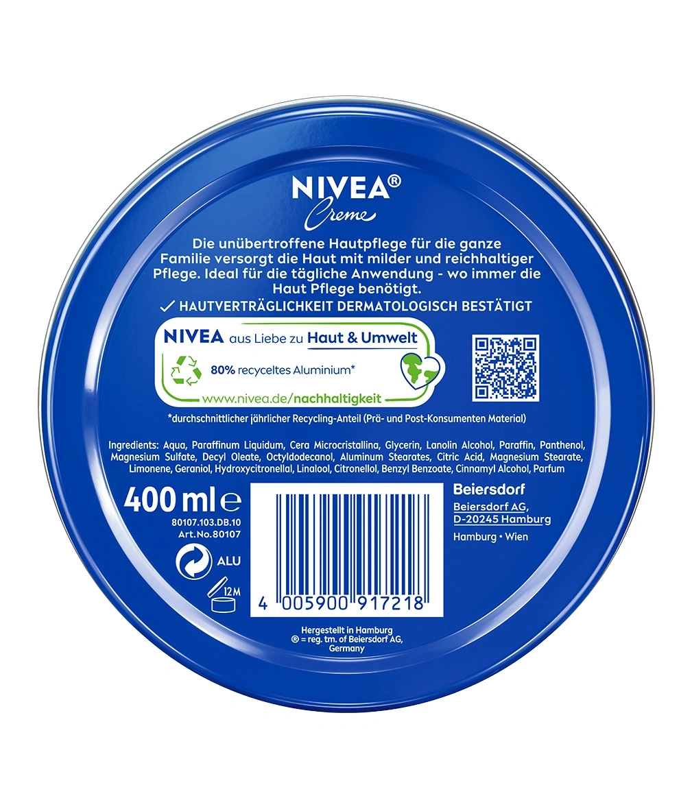 NIVEA Creme Dose mit Inhaltsangaben und Umwelt-Hinweisen, 400 ml, Hautpflege