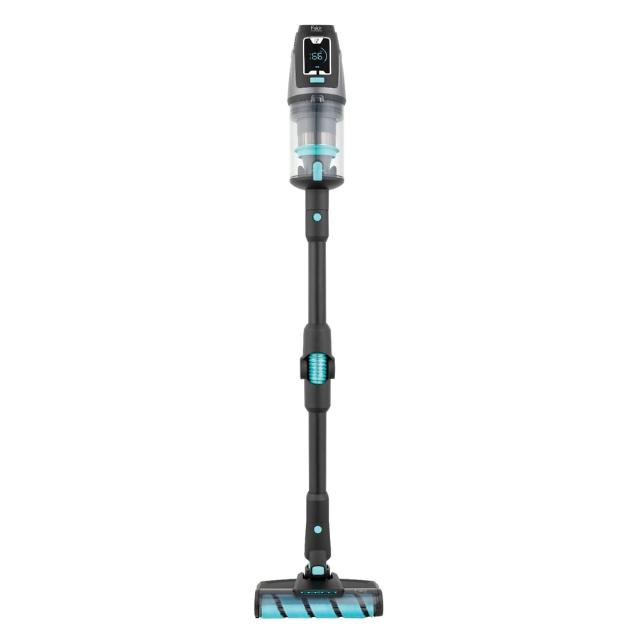 Ein aufrecht stehender Staubsauger mit blau-schwarzem Design und digitalem Display