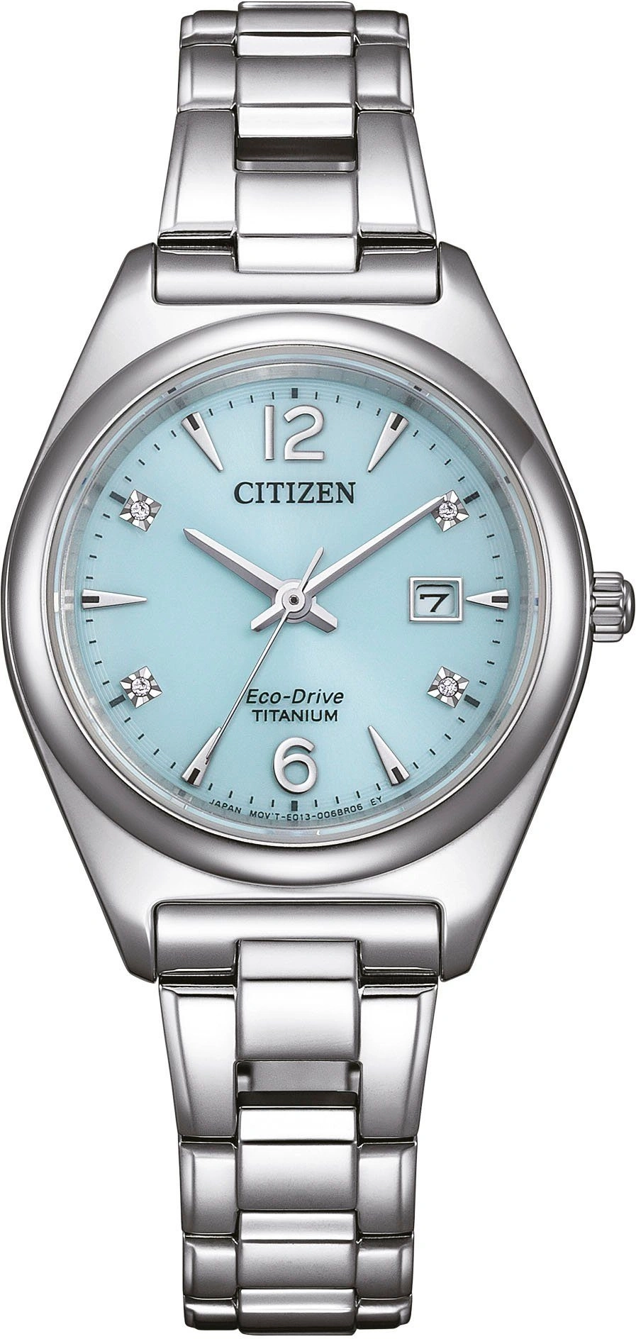 Citizen Damenuhr mit hellblauem Zifferblatt, Eco-Drive, Titan, 12, 6, 7