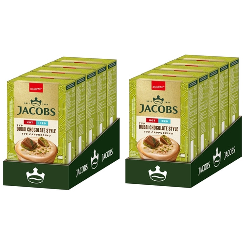 Zwei Jacobs Dubai Chocolate Style Cappuccino Packungen, heiß und kalt
