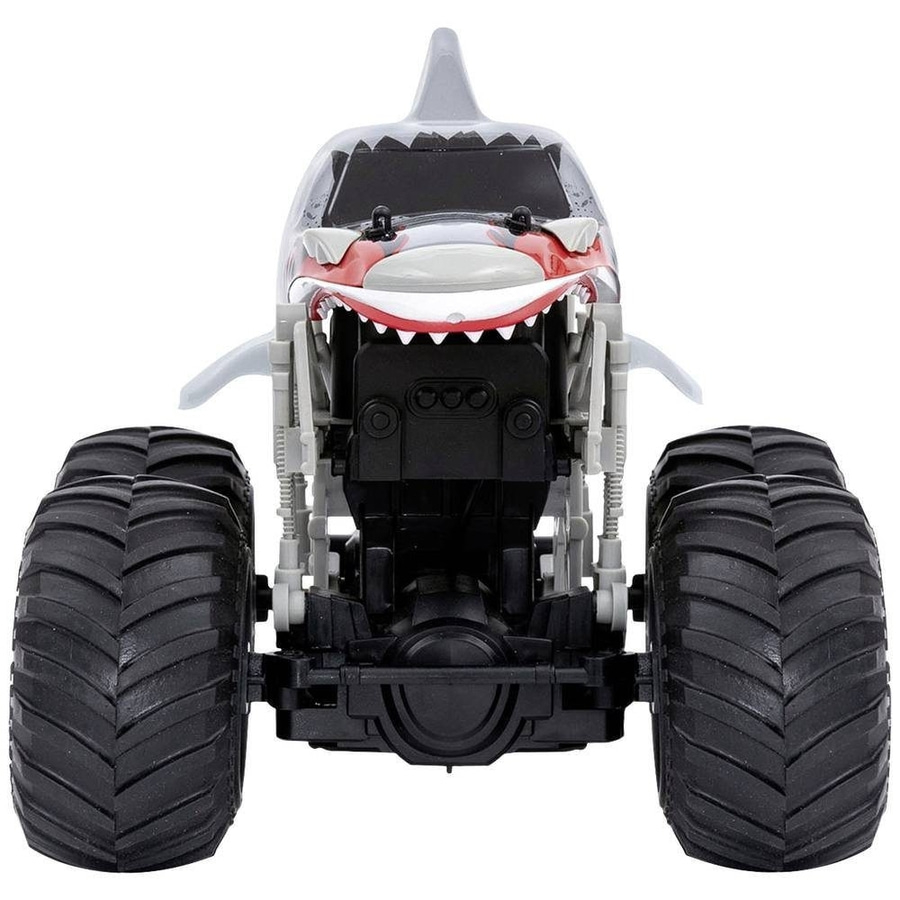 Monster Truck Spielzeug, Hai-Design, große Reifen, Frontansicht, grau, schwarz, rot, weiß.