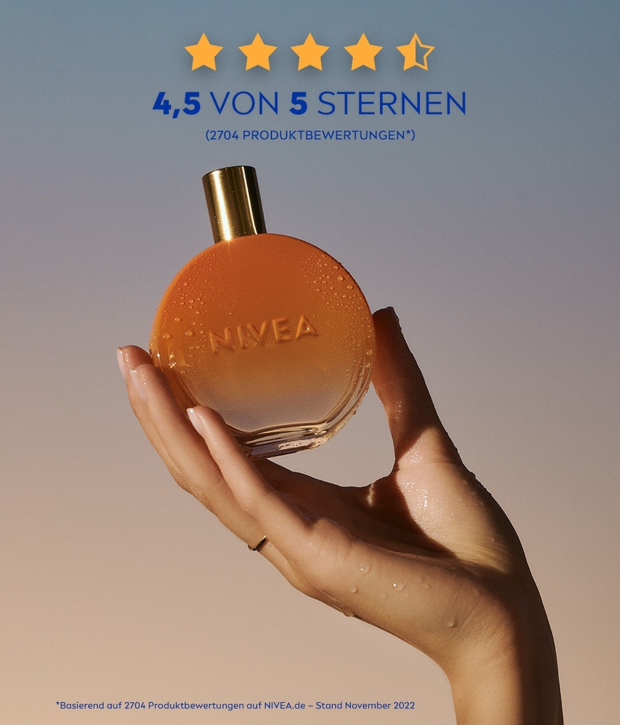 NIVEA-Produkt, 4,5 von 5 Sternen, Hand hält Flasche, Bewertung, November 2022