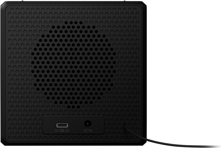 Schwarzer Lautsprecher mit Lochmuster und Anschlüssen.