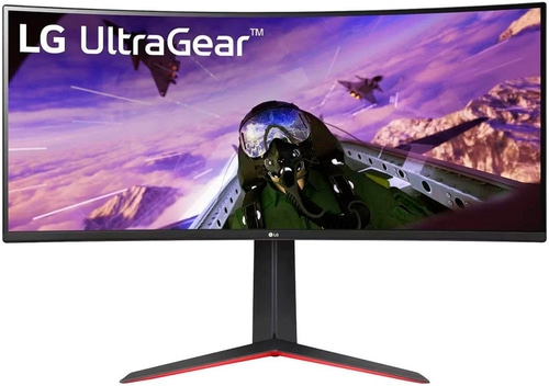 LG UltraGear Monitor, gekrümmter Bildschirm, Gaming-Monitor, Flugzeug-Szene, schwarzer Ständer, roter Akzent