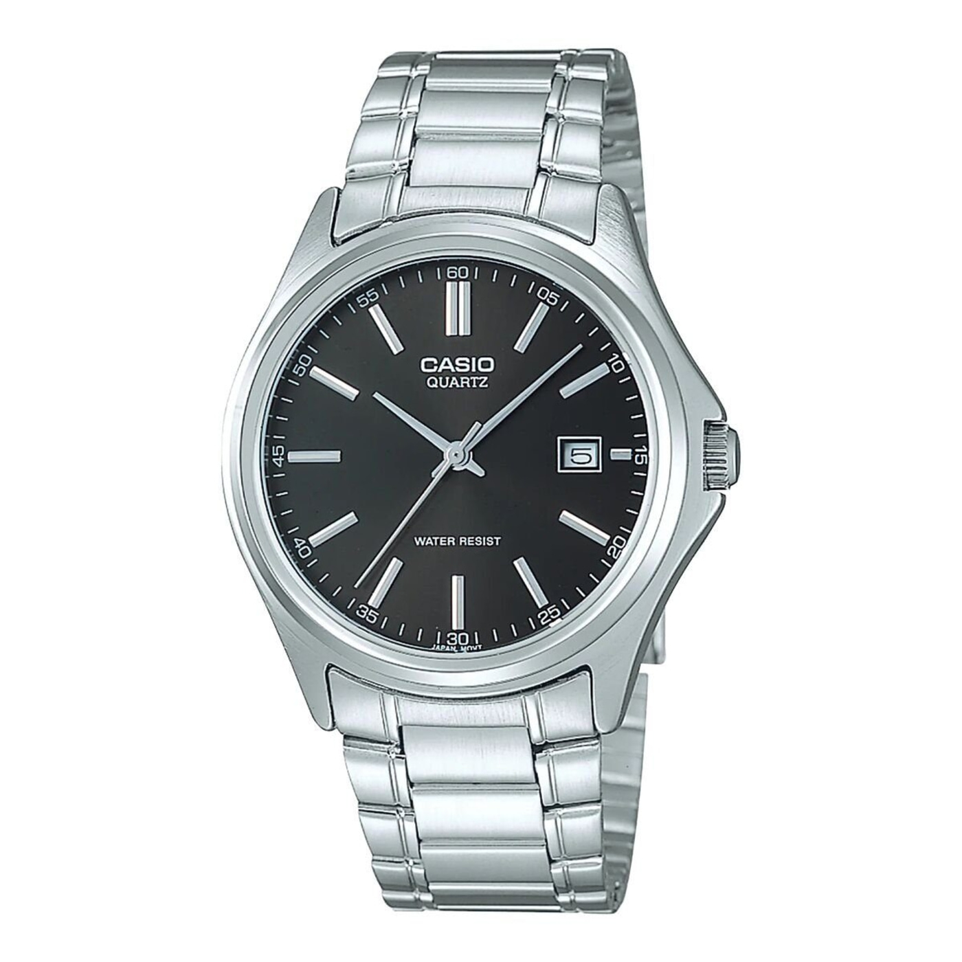 Casio-Uhr mit schwarzem Zifferblatt und silbernem Armband, Wasserfest