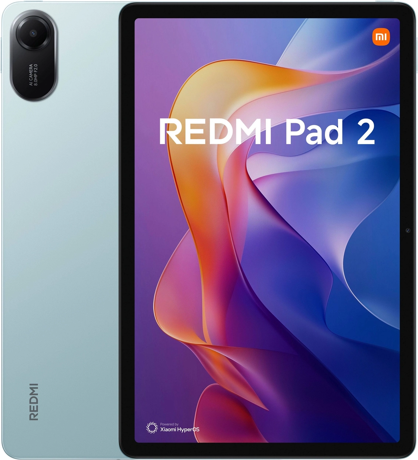 Ein hellblaues Redmi Pad 2 Tablet mit dem Mi-Logo und der Aufschrift "REDMI Pad 2".