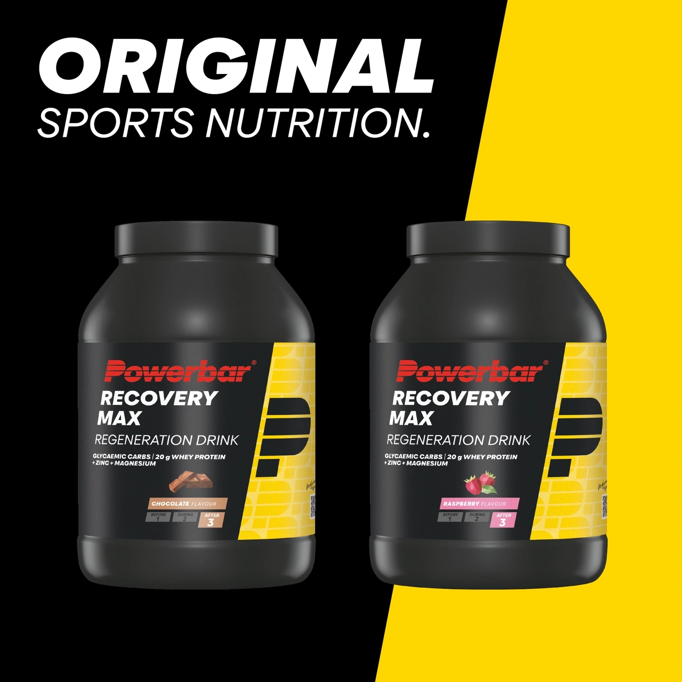 Zwei Dosen Powerbar Recovery Max Regeneration Drink, Schoko und Himbeere.