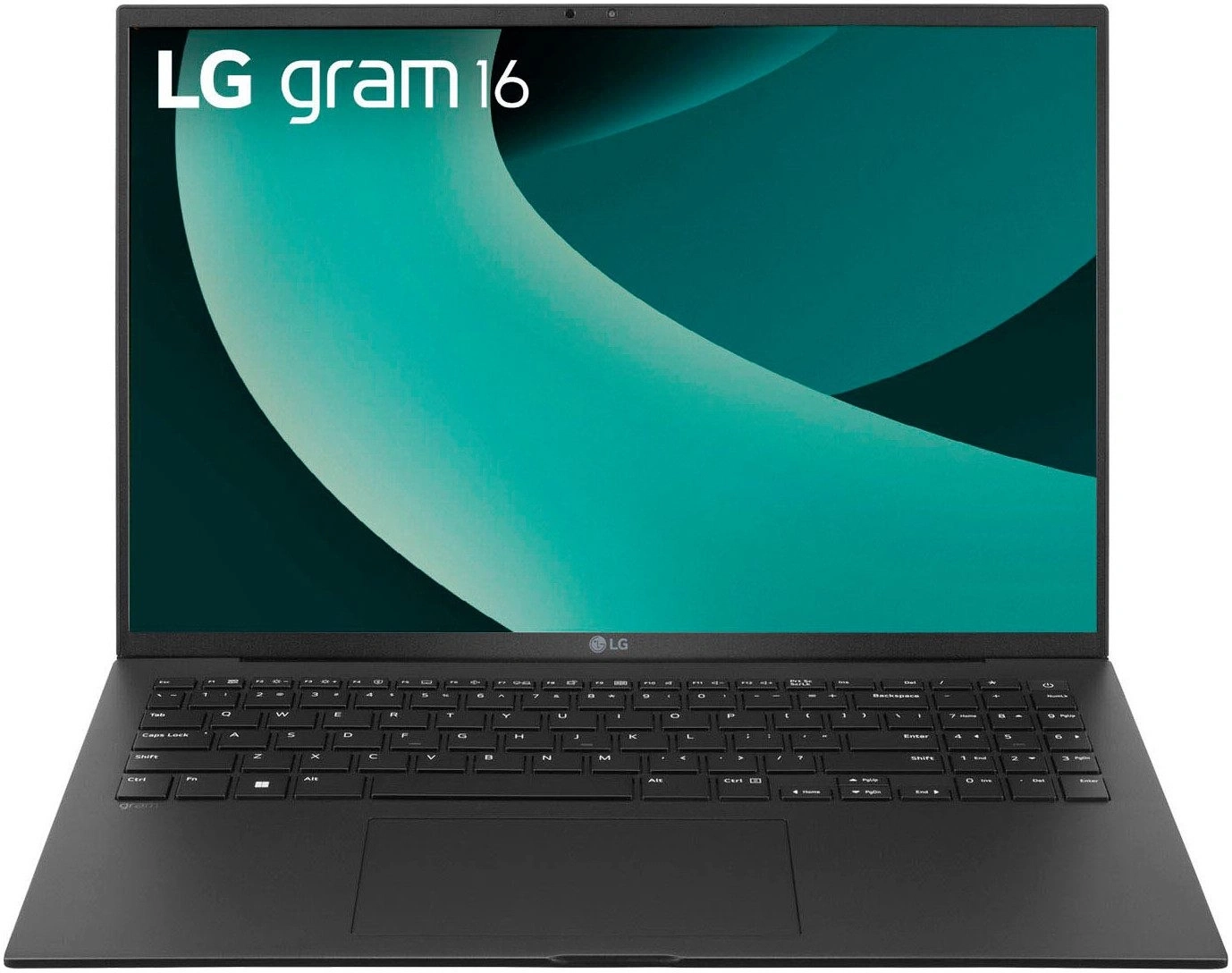 LG gram 16 Laptop mit schwarzer Tastatur und gr
llem Hintergrundbild
