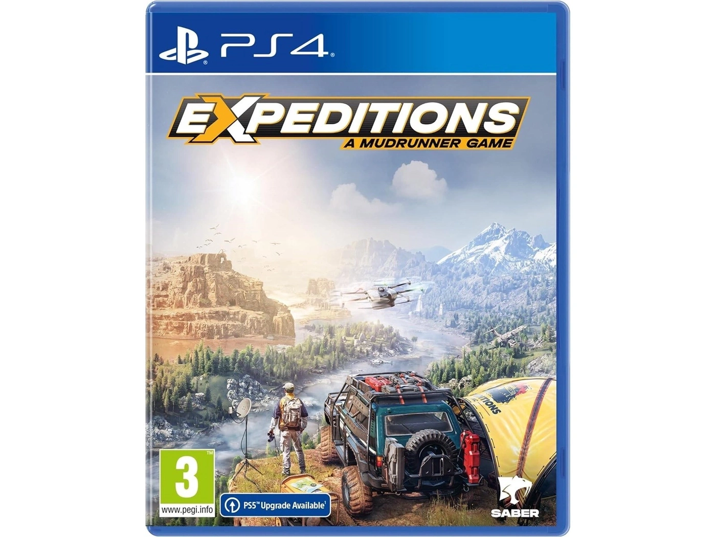 Verpackung des Videospiels Expeditions: A Mudrunner Game für PS4 mit bergiger Landschaft und Fahrzeug.