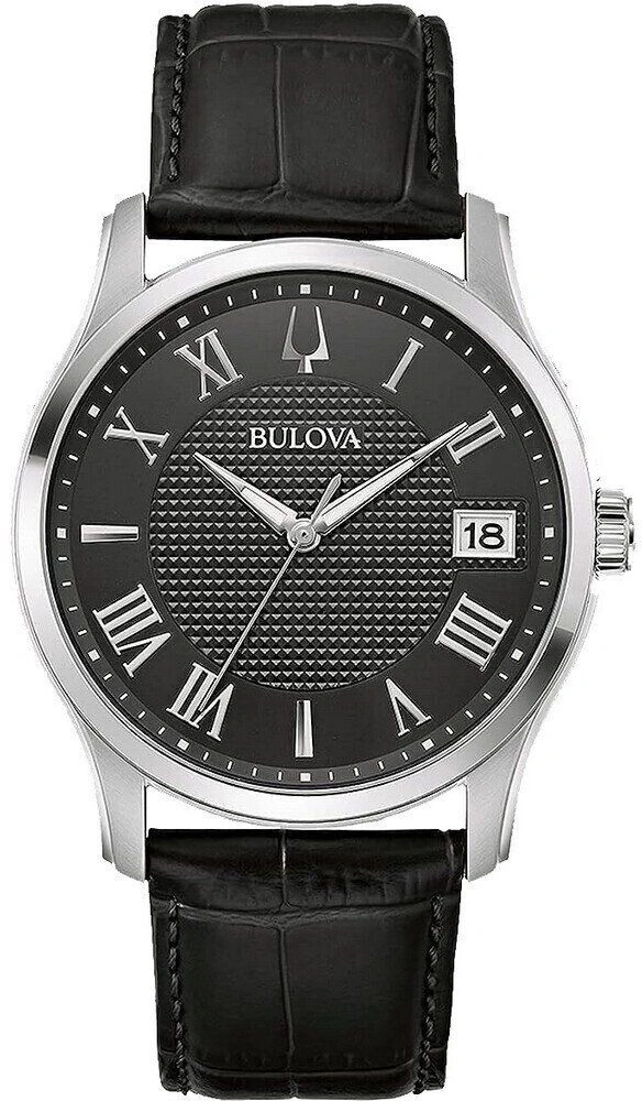 Bulova-Uhr mit römischen Ziffern und schwarzem Lederarmband, elegantes Design.