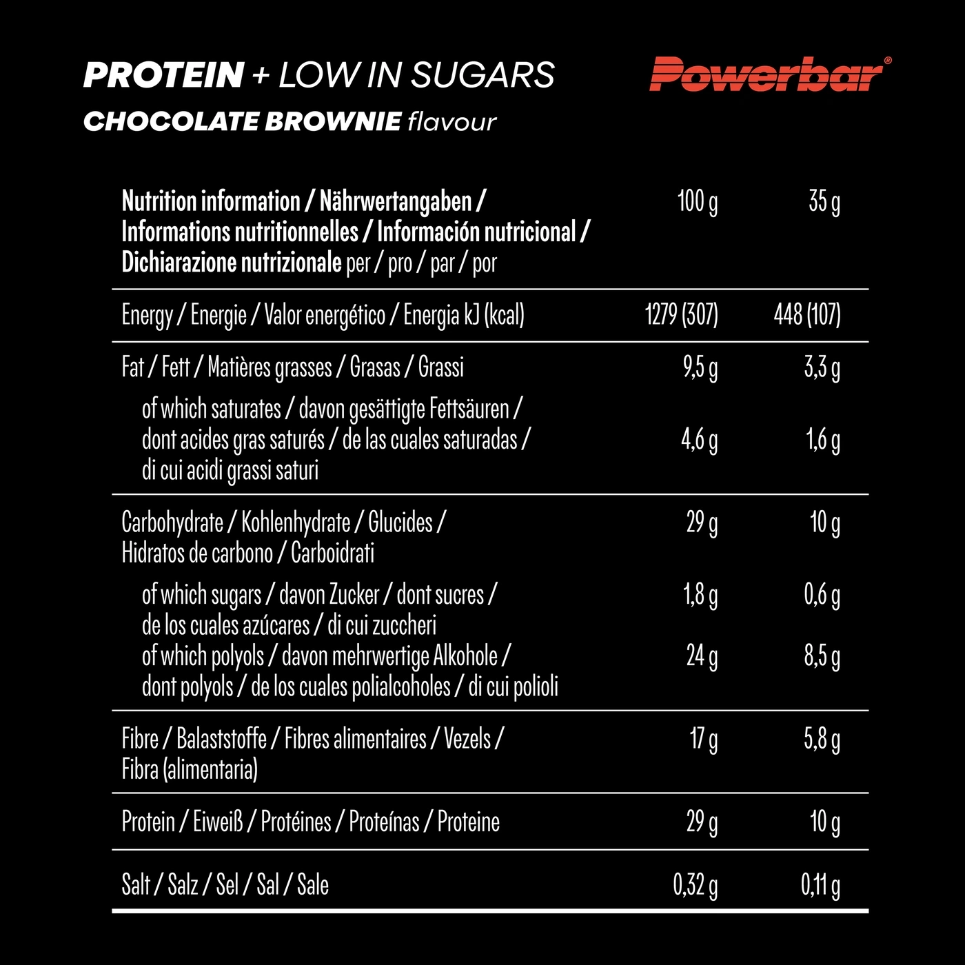 Nährwertangaben für Protein + Low in Sugars Schokoladenbrownie-Geschmack
