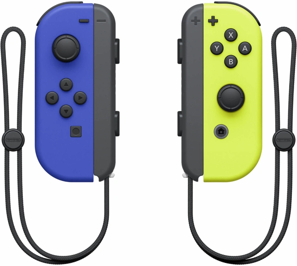 Zwei Nintendo Joy-Con-Controller in Blau und Gelb