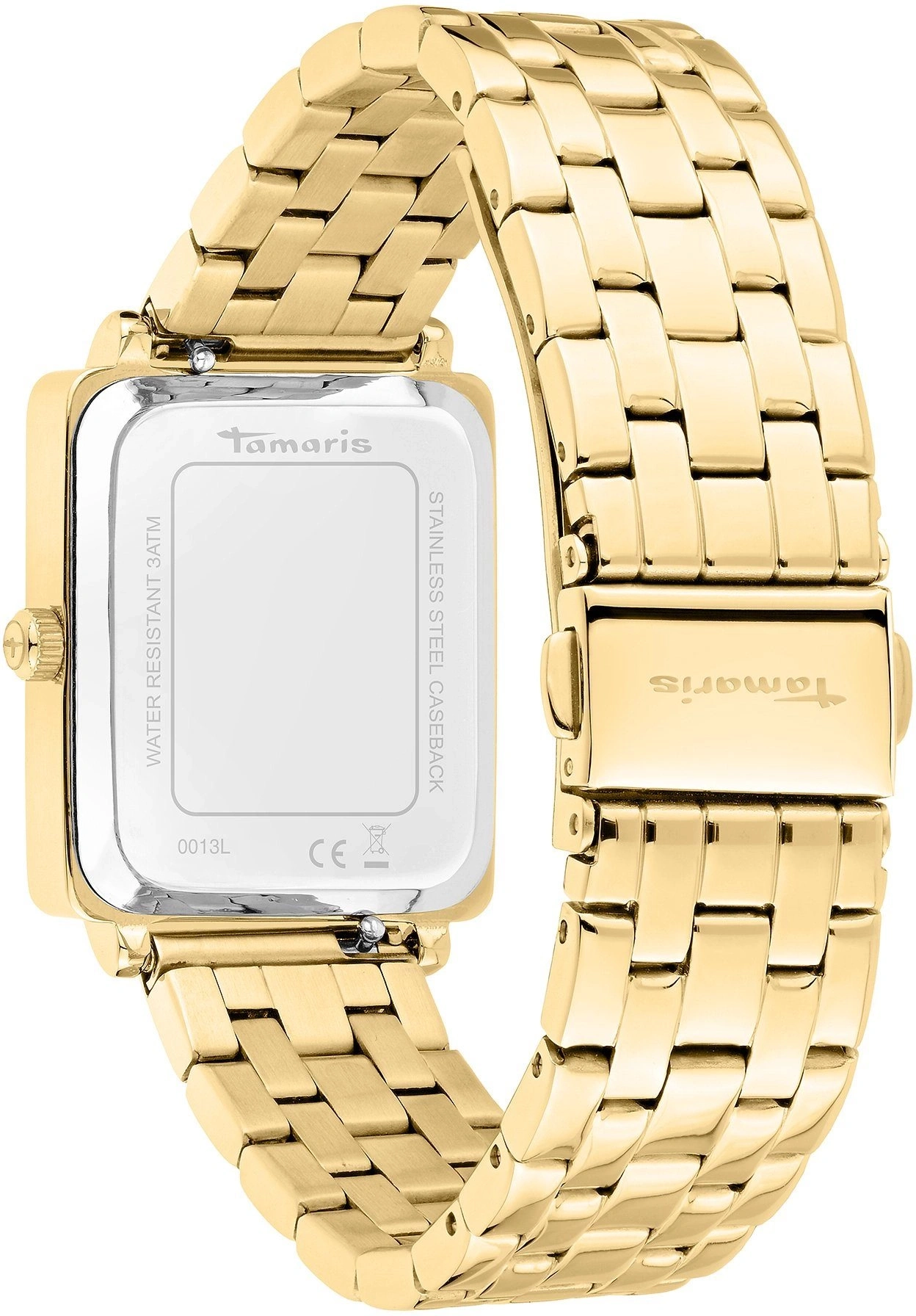 Rückseite einer goldfarbenen Tamaris-Uhr mit
Armband