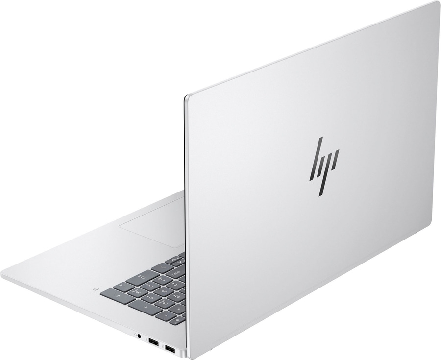 Ein weißes HP Laptop mit schwarzem HP Logo auf dem Deckel.