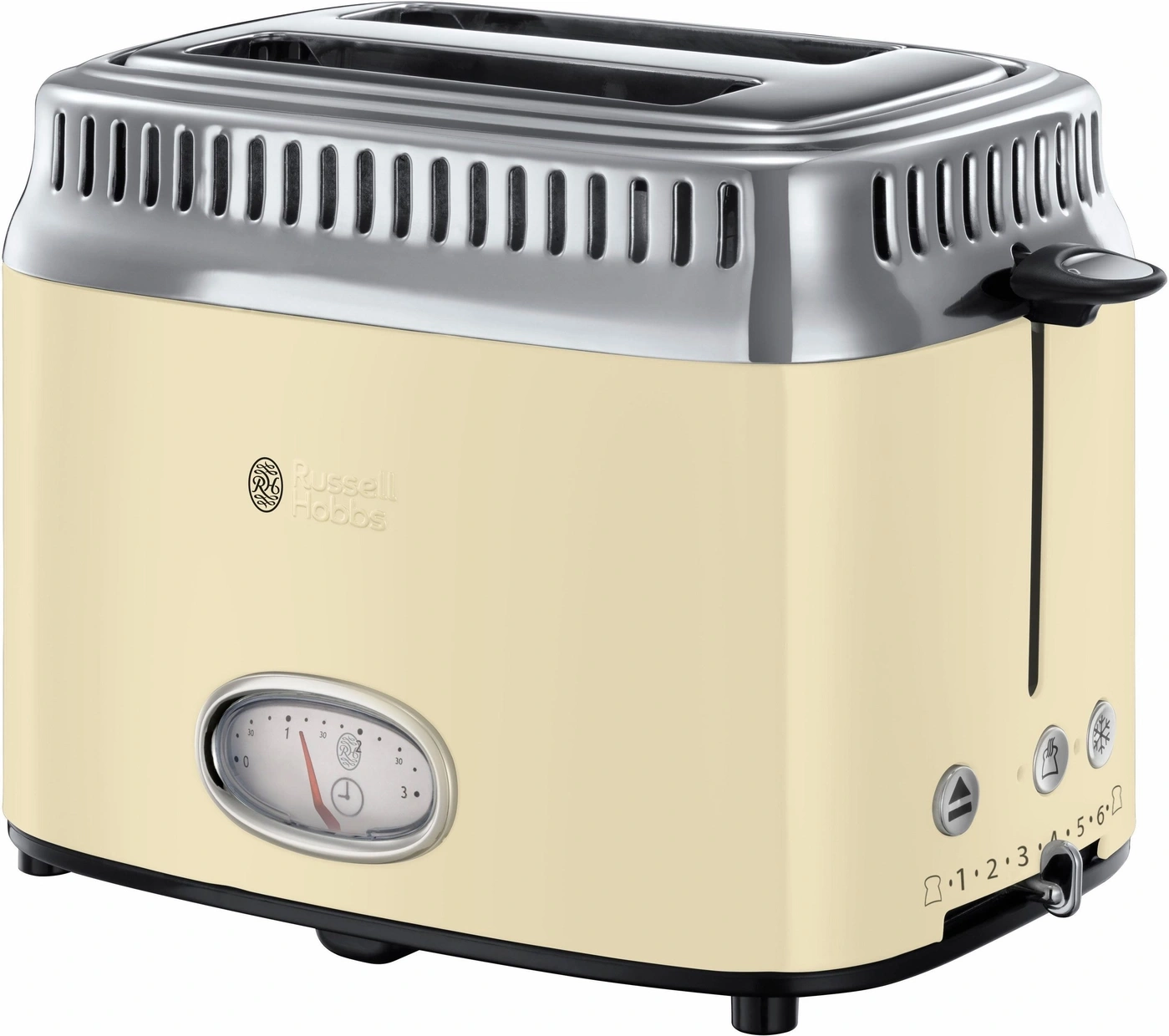 Ein cremefarbener Russell Hobbs Toaster mit Retro-Design und Chromdetails.
