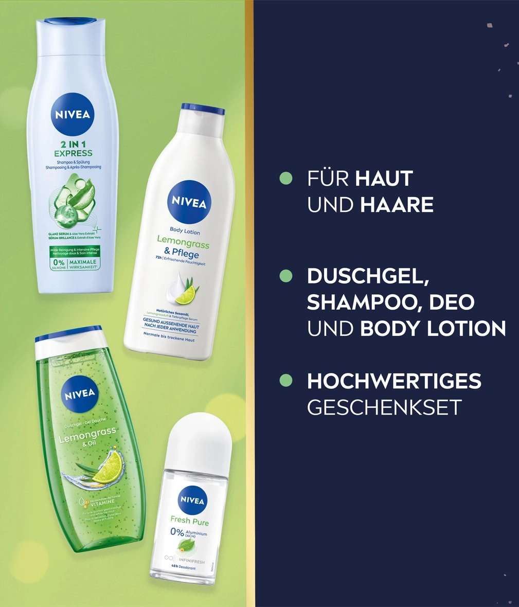 Nivea Körperpflege Set mit Duschgel, Bodylotion, Shampoo und Deo.