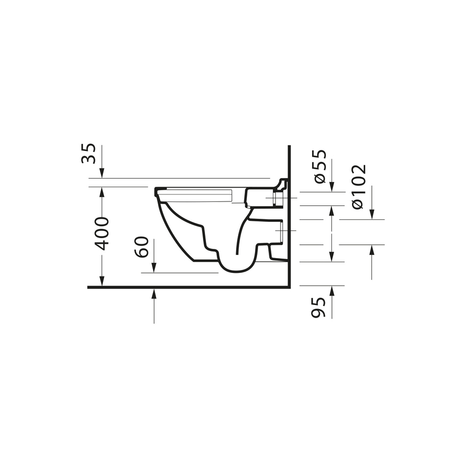 Seitenansicht einer Toilette mit Maßangaben in Millimetern