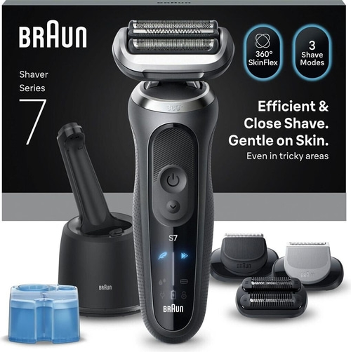 Braun Series 7 Elektrorasierer mit Zubehör und Lade-/Reinigungsstation.
