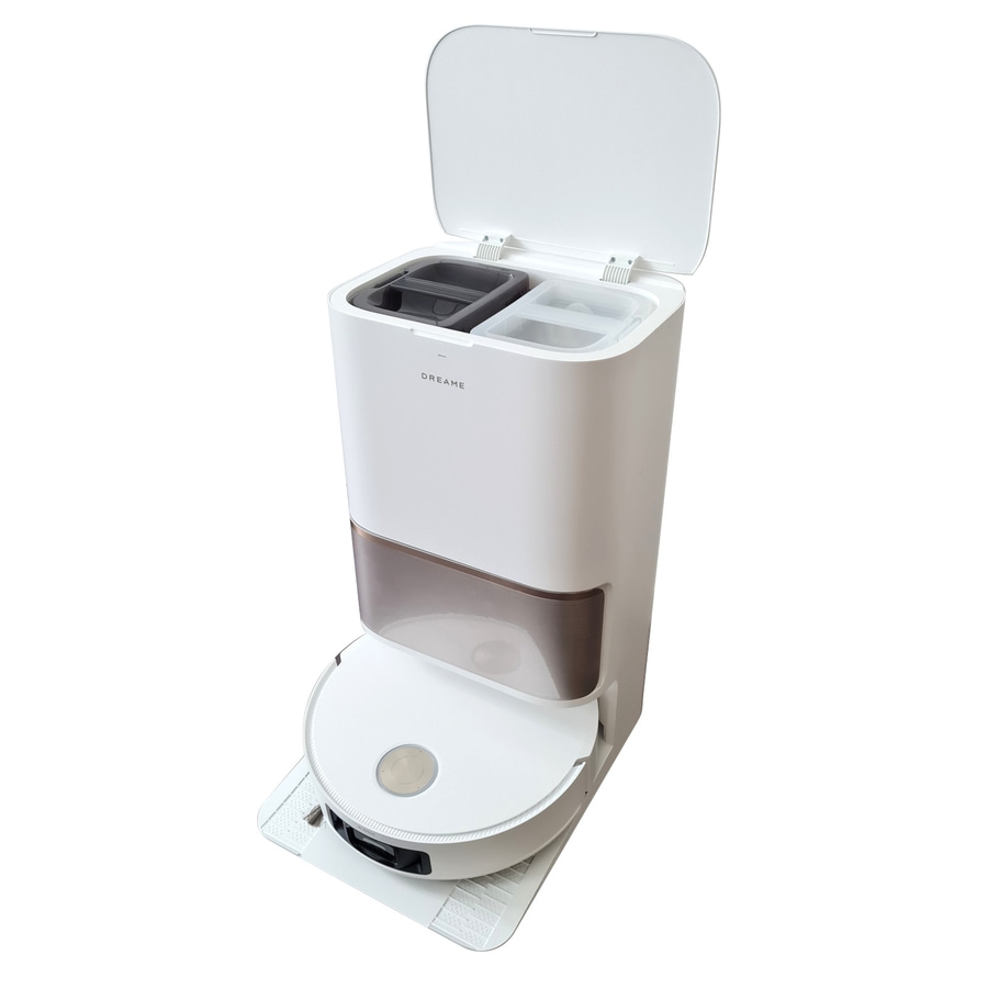 Weißer Roboterstaubsauger mit Ladestation und geöffnetem Deckel, Dreame-Logo