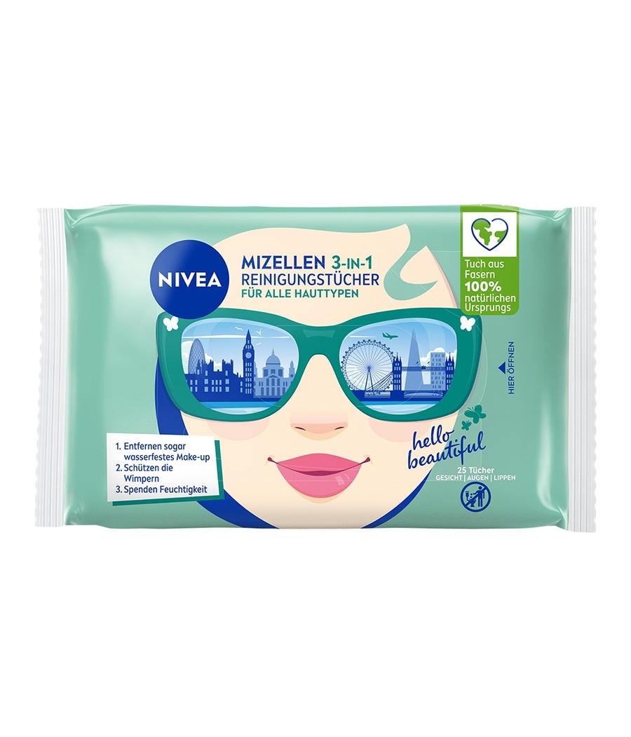 Nivea Mizellen Reinigungstücher, 3-in-1, für alle Hauttypen, entfernt Make-up, schützt Wimpern, spendet Feuchtigkeit.