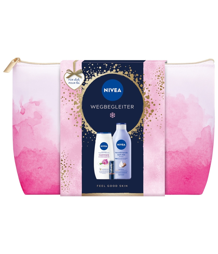 NIVEA Wegbegleiter Geschenkset Oil Pflegedusche Soft Milk Labello Kulturbeutel