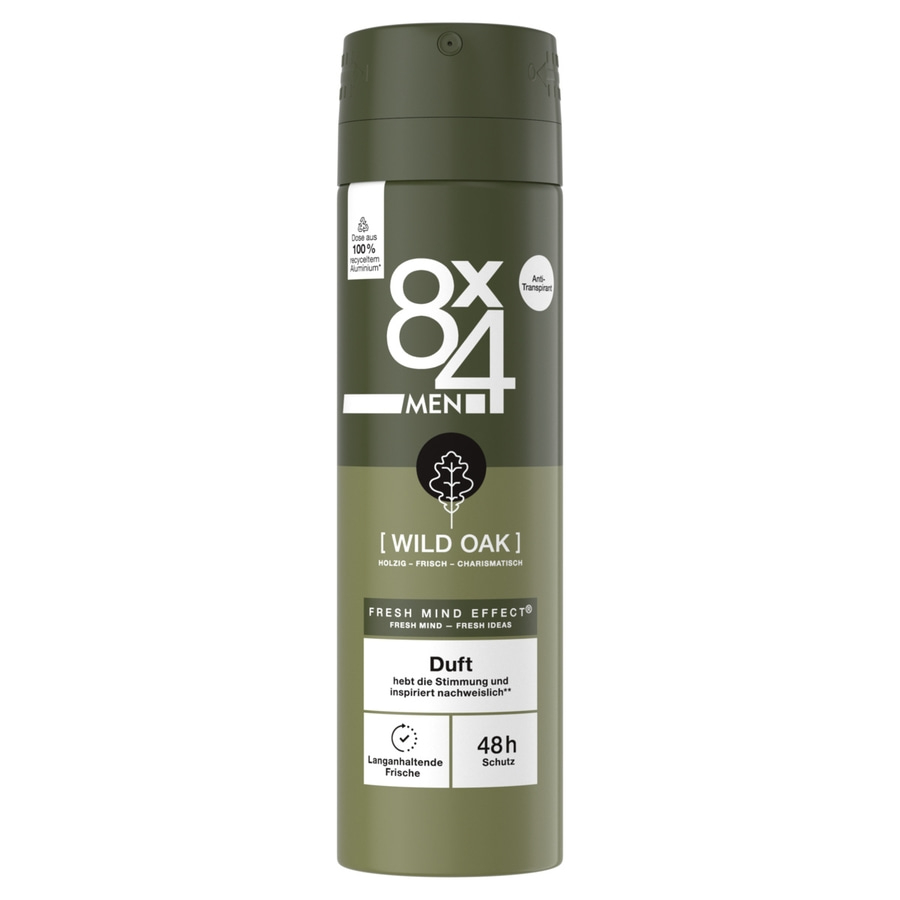 Deodorant 8x4 Men Wild Oak, holzig-frisch, 48h Schutz, Aluminiumdose.