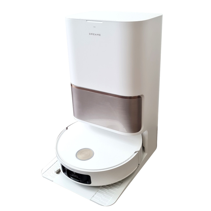 Weißer Roboterstaubsauger mit Ladestation, Dreame-Logo, modernes Design, Haushaltsgerät