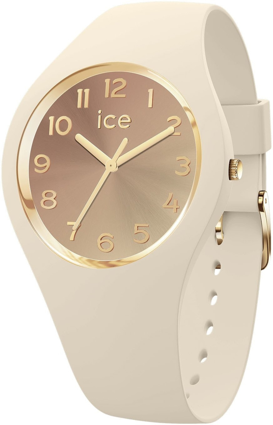 Ein cremefarbene ICE Watch mit goldenen Ziffern und Zeigern.