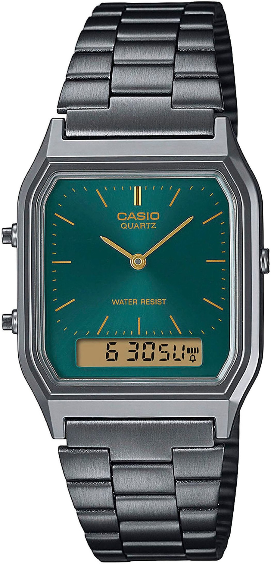 Casio Uhr mit grünem Zifferblatt und silbernem Armband, Digitalanzeige.